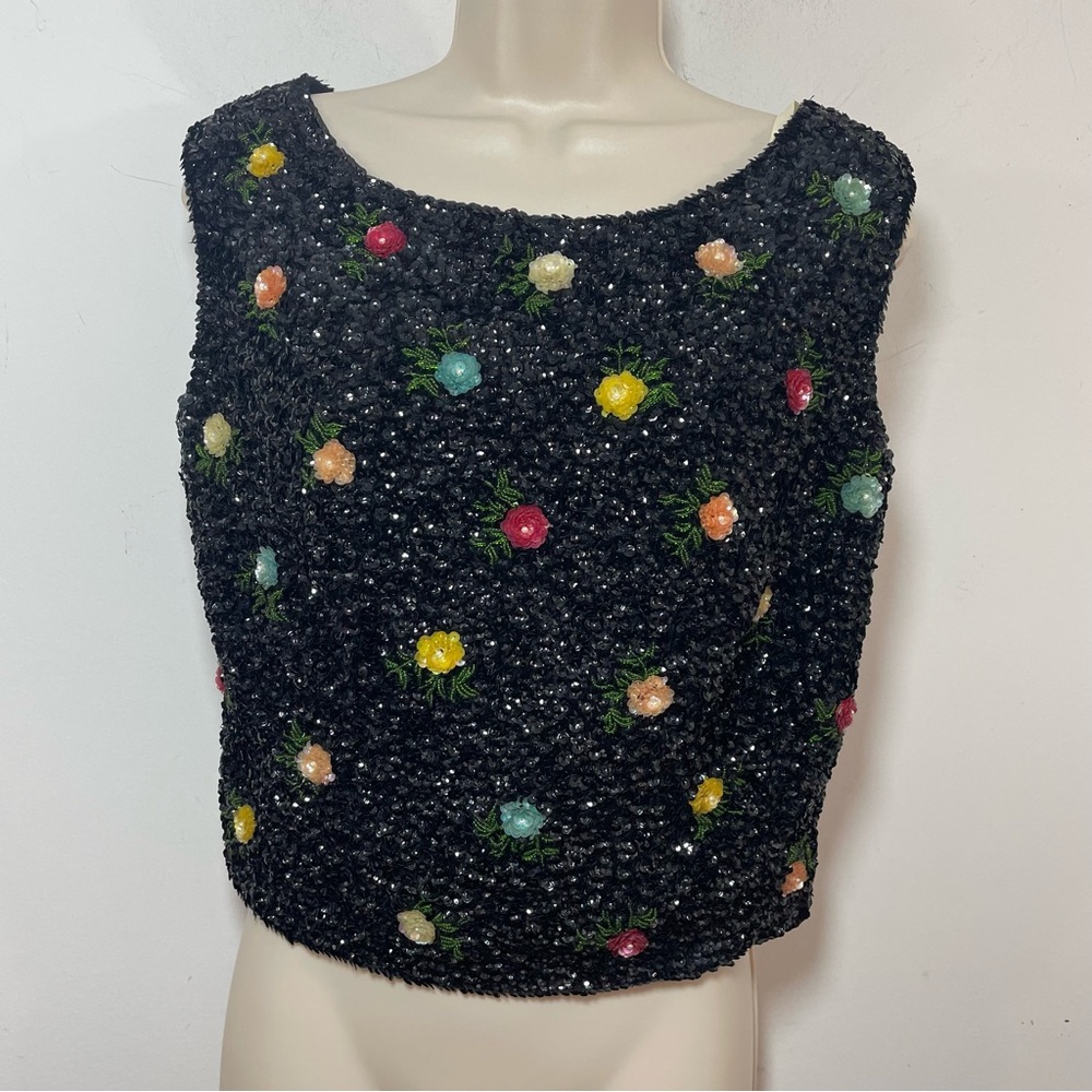 House Of Gold Top Size Medium Vintage Wool Sequin Beaded Retro Floral California